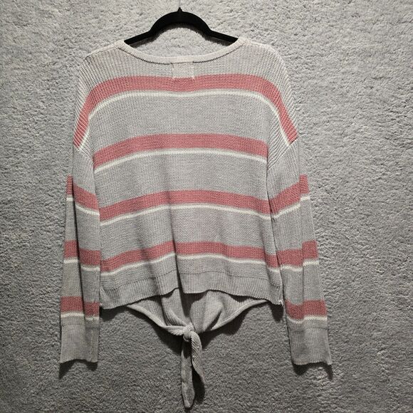 Hippie Rose Womens Gray Sweater Sz XL Pink White Striped Tie Front Y2k - Picture 4 of 7